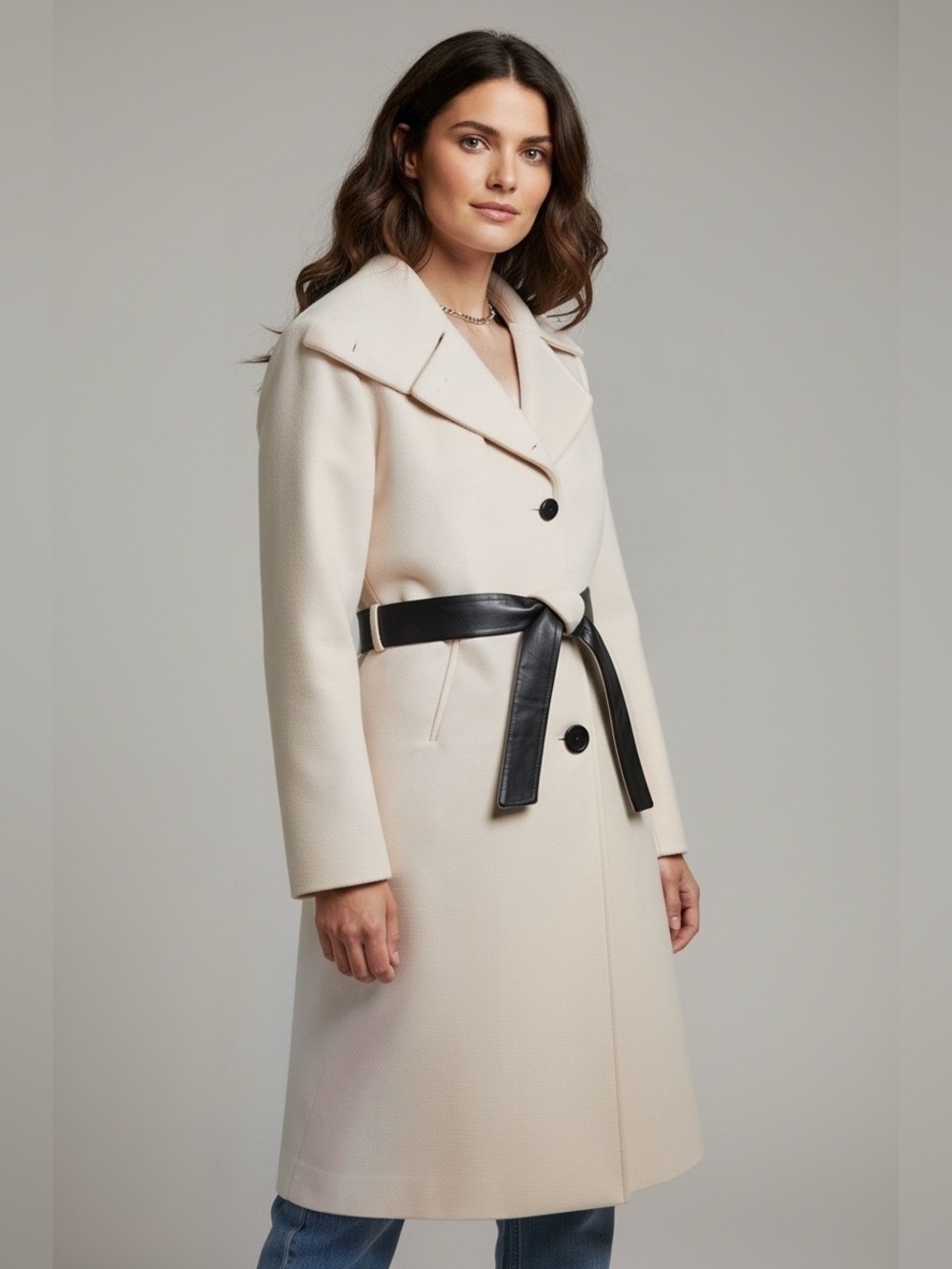 DKNY Wool-Cashmere Blend Cream Women’s Trench Coat w Black Leather Belt, 6